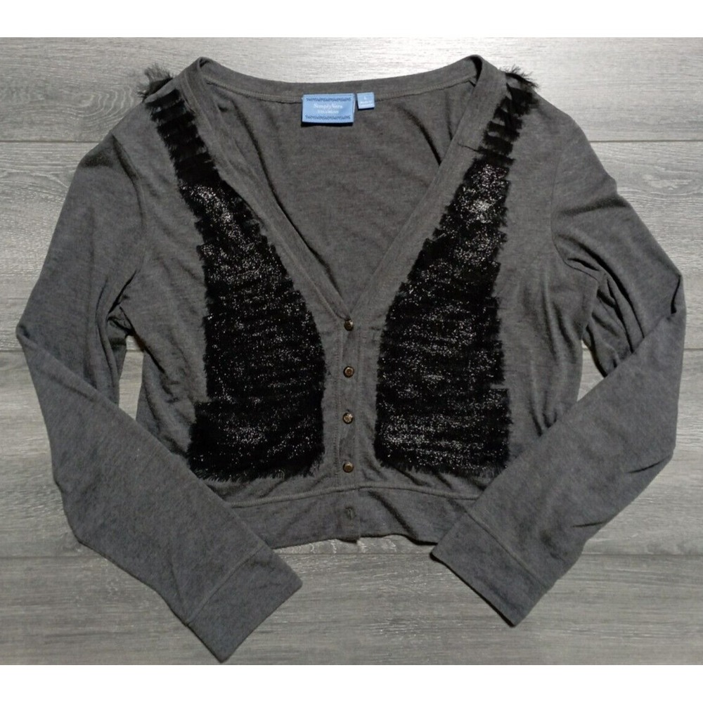 Simply Vera Vera Wang Cardigan Adult Large Gray Black V-Neck Fringed Womens